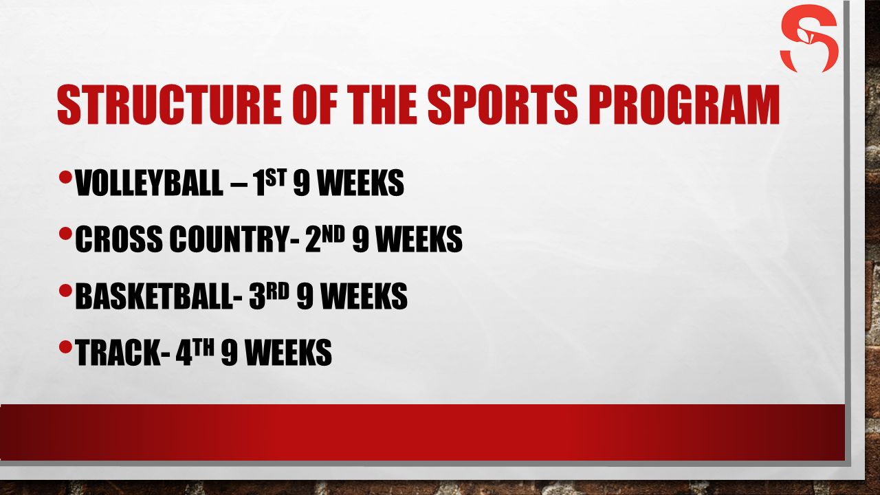 STRUCTURE OF THE SPORTS PROGRAM VOLLEYBALL – 1 ST 9 WEEKS CROSS COUNTRY- 2 ND 9 WEEKS BASKETBALL- 3 RD 9 WEEKS TRACK- 4 TH 9 WEEKS