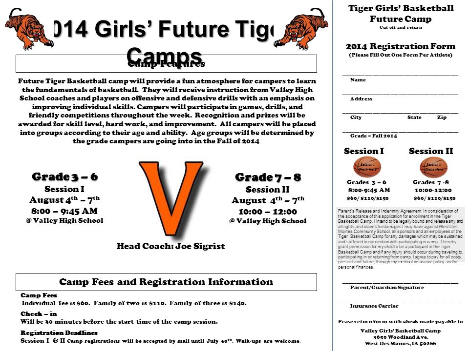 2014 Girls’ Future Tiger Camps Grade 3 – 6 Session I August 4 th – 7 th 8:00 – 9:45 Valley High School Grade 7 – 8 Session II August 4 th – 7 th 10:00 – Valley High School Parent’s Release and Indemnity Agreement In consideration of the acceptance of this application for enrollment in the 2011 Tiger Basketball Camp, I intend to be legally bound and release any and all rights and claims for damages I may have against West Des Moines Community School, all sponsors and all employees of the 2011 Tiger Basketball Camp for any damages which may be sustained and suffered in connection with participating in camp.