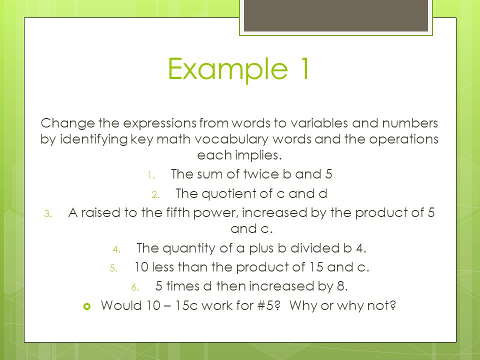 Lesson Topic Write Expressions in Which Letters Stand for Numbers Lesson Topic Write Expressions in Which Letters Stand for Numbers