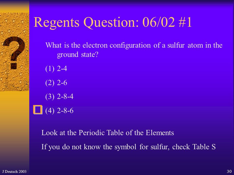 J Deutsch The electron configuration for the ground state of an atom is given on the Periodic Table of the Elements.