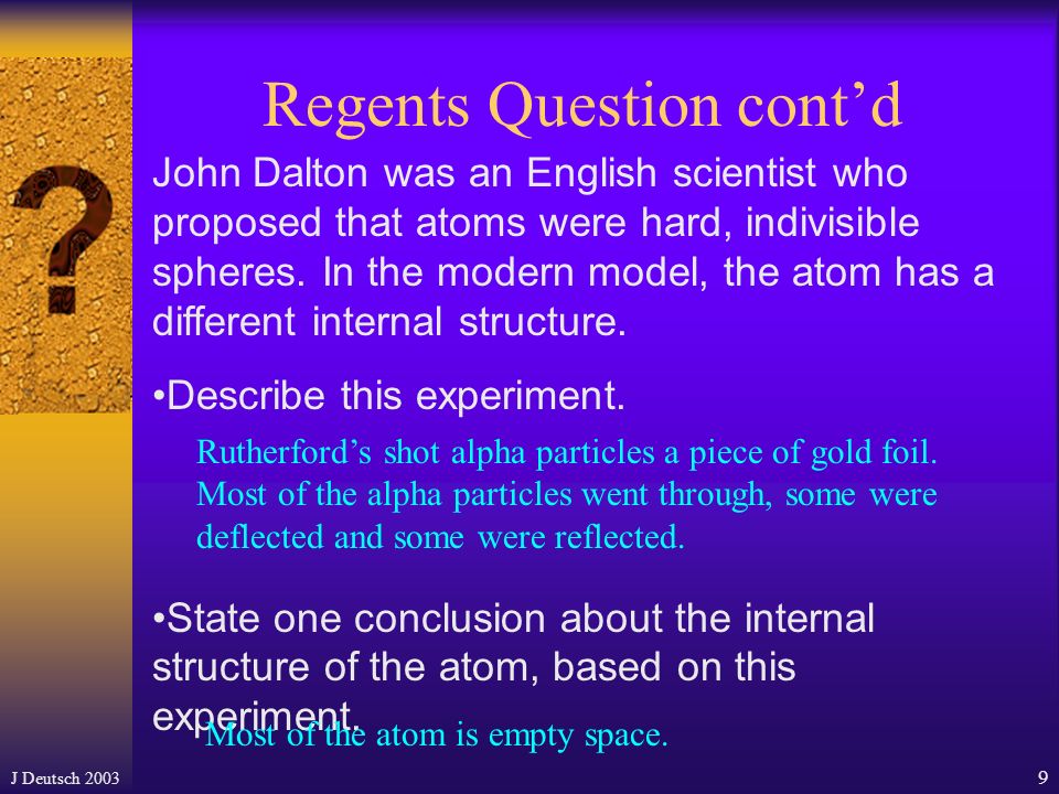 J Deutsch Regents Question: 06/03 #67 John Dalton was an English scientist who proposed that atoms were hard, indivisible spheres.