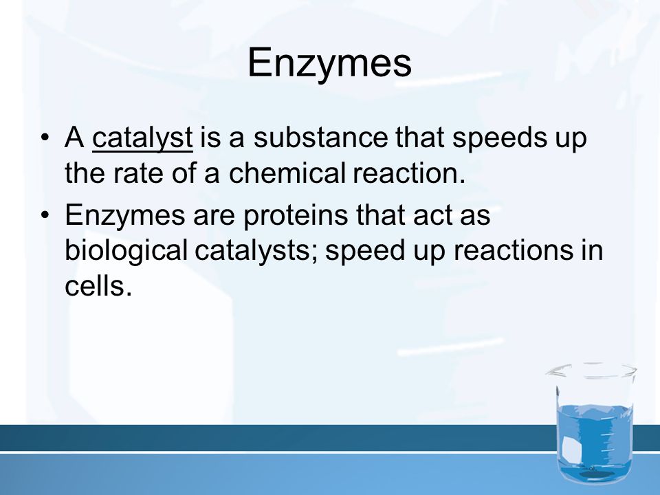 Enzymes A catalyst is a substance that speeds up the rate of a chemical reaction.