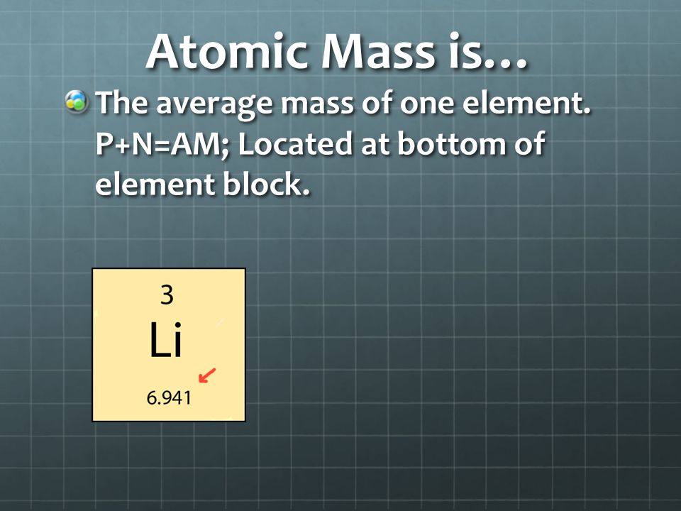 Atomic Mass is… The average mass of one element. P+N=AM; Located at bottom of element block.