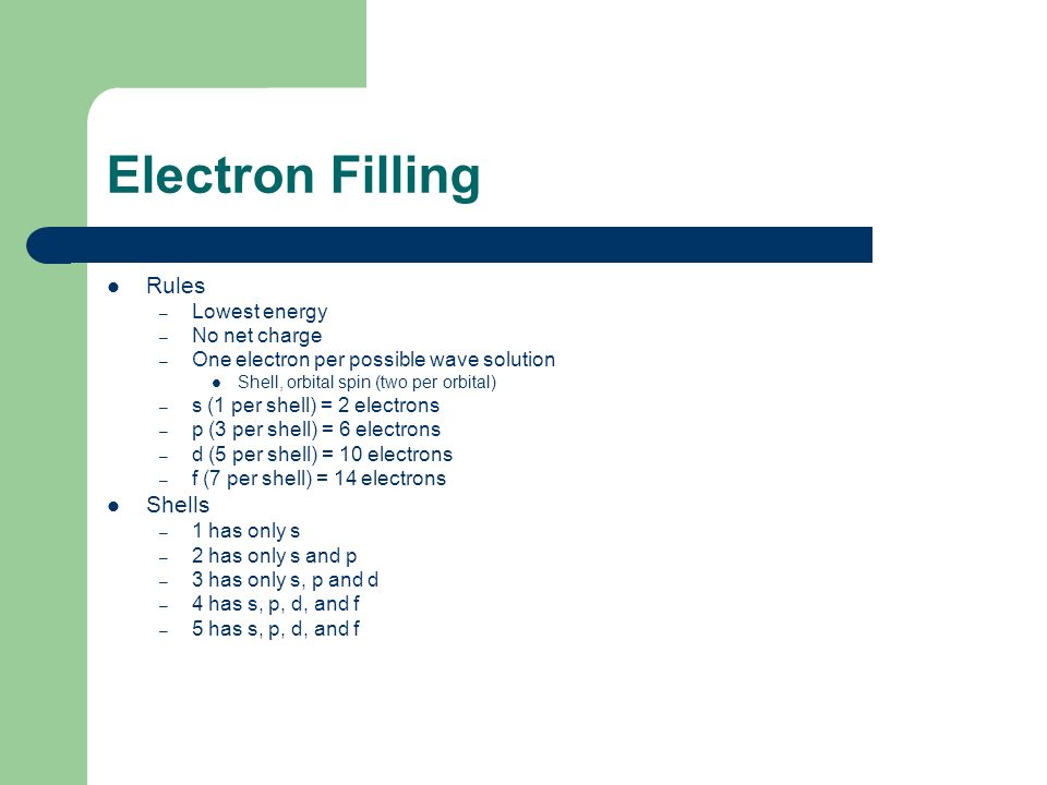 Electron Filling Rules – Lowest energy – No net charge – One electron per possible wave solution Shell, orbital spin (two per orbital) – s (1 per shell) = 2 electrons – p (3 per shell) = 6 electrons – d (5 per shell) = 10 electrons – f (7 per shell) = 14 electrons Shells – 1 has only s – 2 has only s and p – 3 has only s, p and d – 4 has s, p, d, and f – 5 has s, p, d, and f