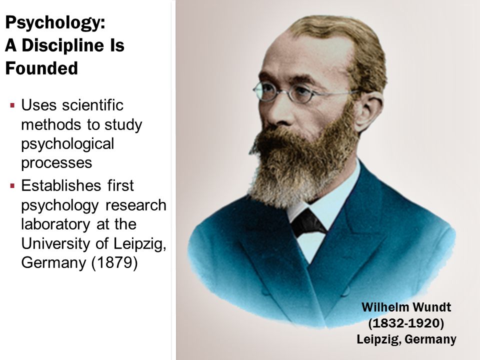  Uses scientific methods to study psychological processes  Establishes first psychology research laboratory at the University of Leipzig, Germany (1879) Wilhelm Wundt ( ) Leipzig, Germany