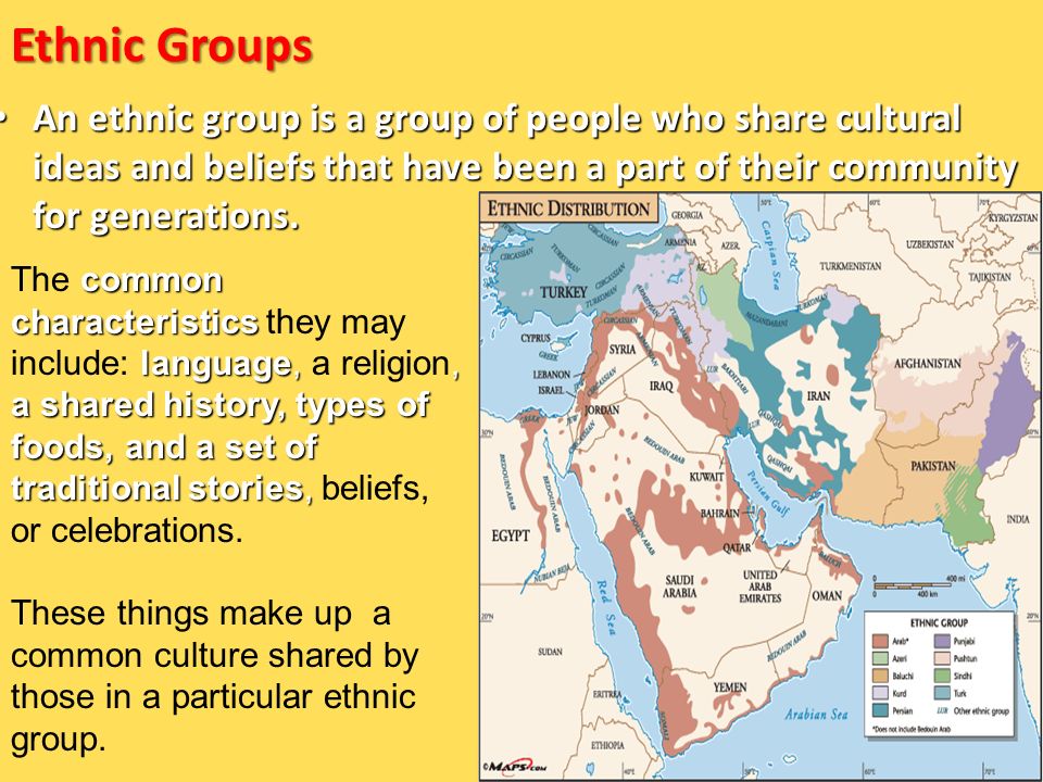 Ethnic Groups An ethnic group is a group of people who share
