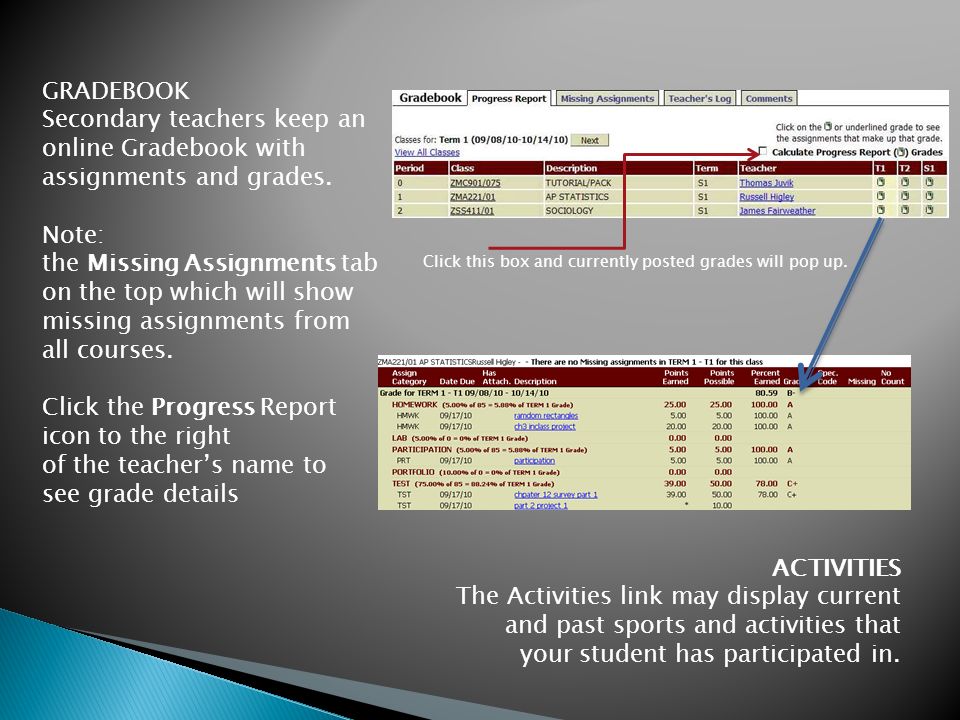 GRADEBOOK Secondary teachers keep an online Gradebook with assignments and grades.