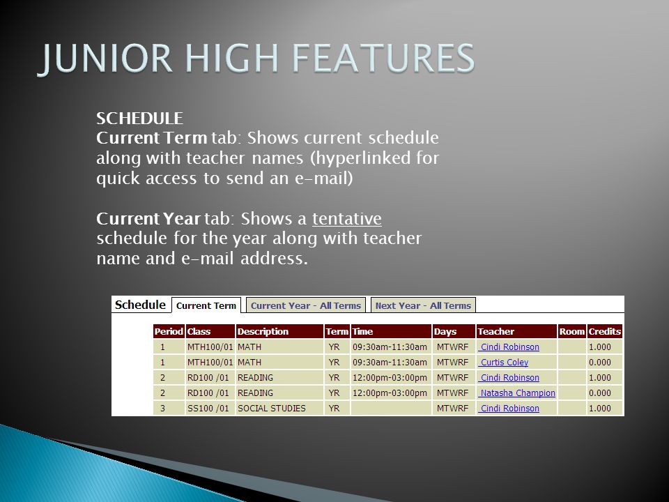 SCHEDULE Current Term tab: Shows current schedule along with teacher names (hyperlinked for quick access to send an  ) Current Year tab: Shows a tentative schedule for the year along with teacher name and  address.