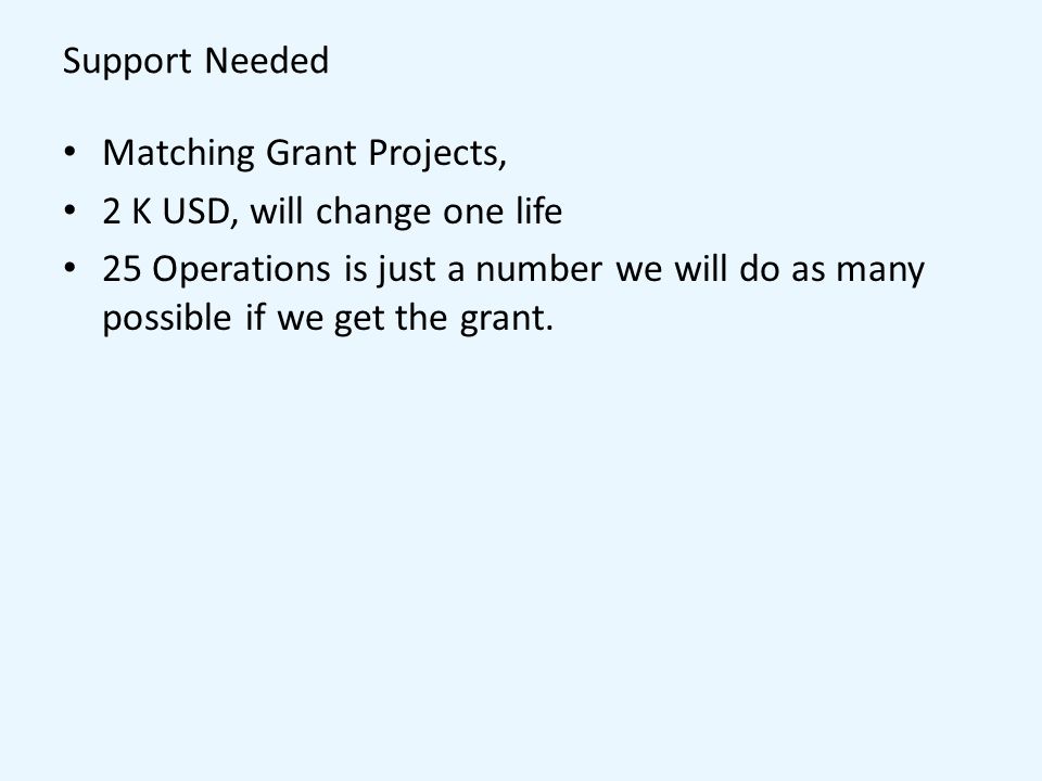 Support Needed Matching Grant Projects, 2 K USD, will change one life 25 Operations is just a number we will do as many possible if we get the grant.