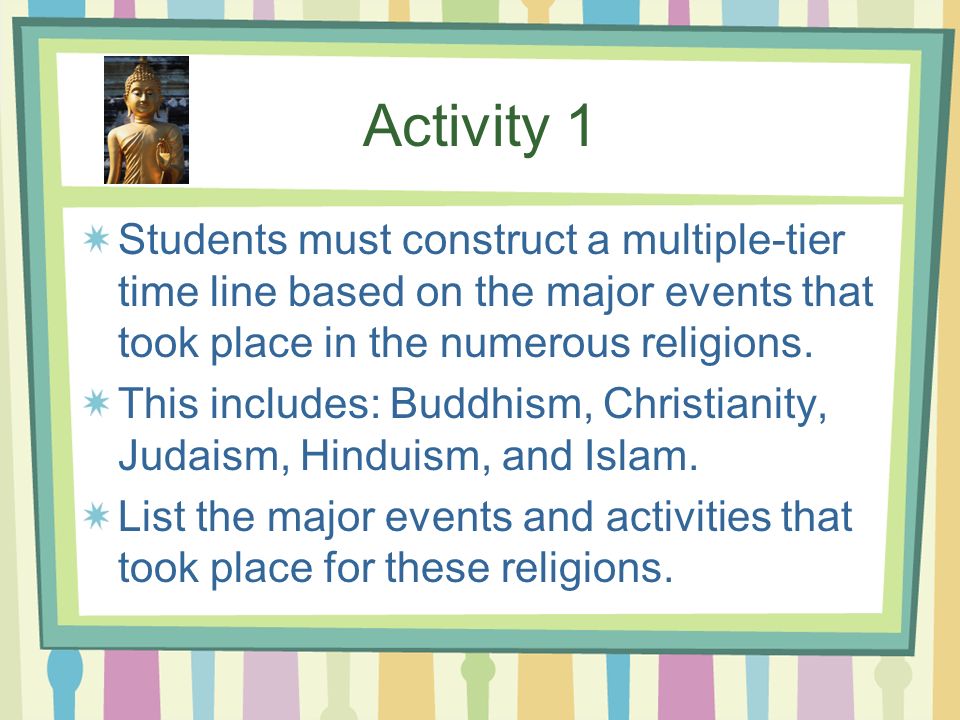 Activity 1 Students must construct a multiple-tier time line based on the major events that took place in the numerous religions.
