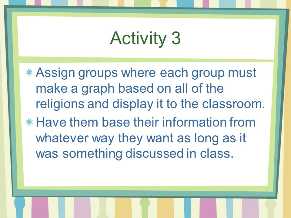 Activity 3 Assign groups where each group must make a graph based on all of the religions and display it to the classroom.