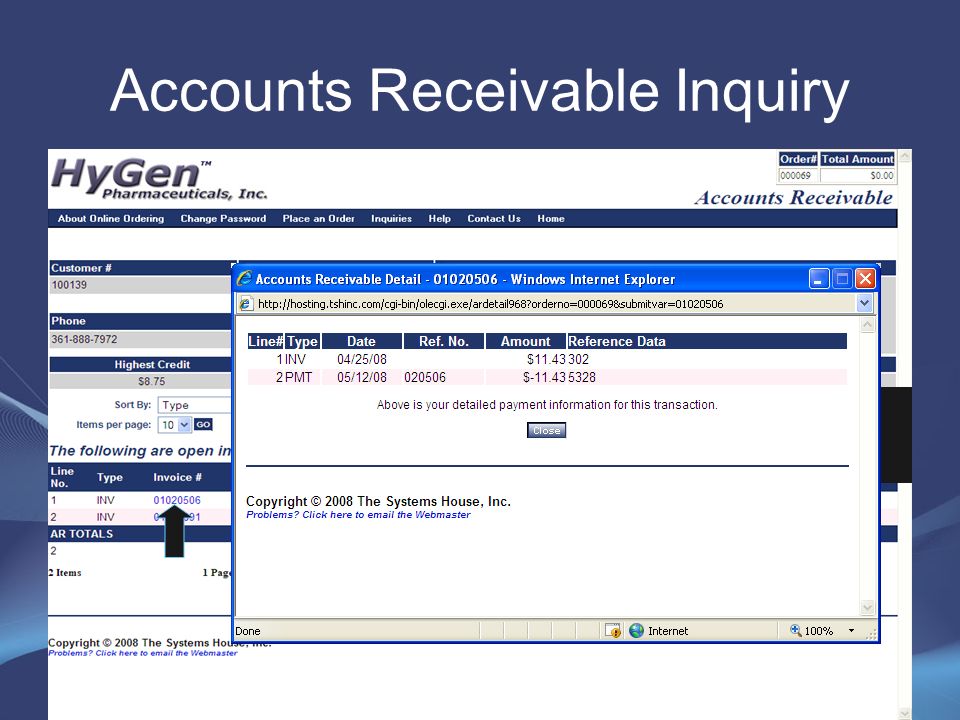 Accounts Receivable Inquiry This inquiry displays open A/R for the customer By clicking on the Invoice # link, the detailed information for the A/R record is displayed