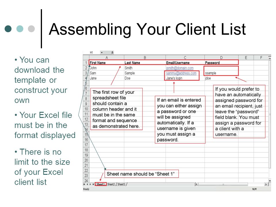 Assembling Your Client List There is no limit to the size of your Excel client list Your Excel file must be in the format displayed You can download the template or construct your own
