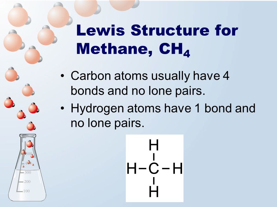 Lewis Structure for Methane, CH 4 Carbon atoms usually have 4 bonds and no lone pairs.