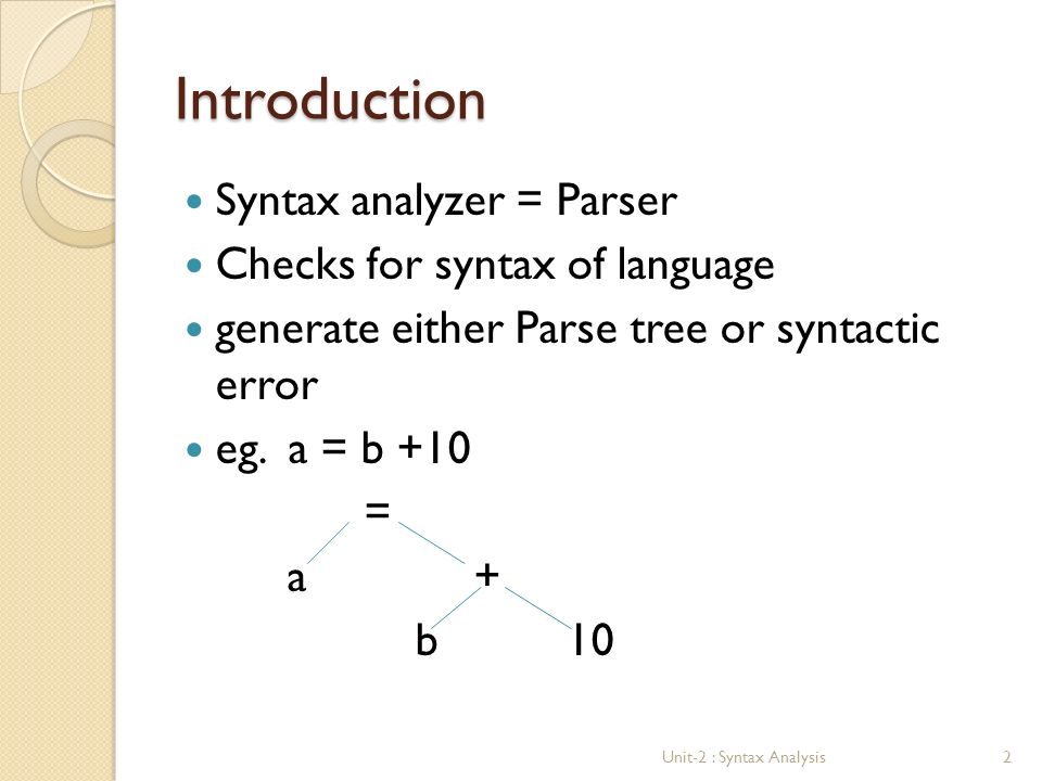 Introduction Syntax analyzer = Parser Checks for syntax of language generate either Parse tree or syntactic error eg.