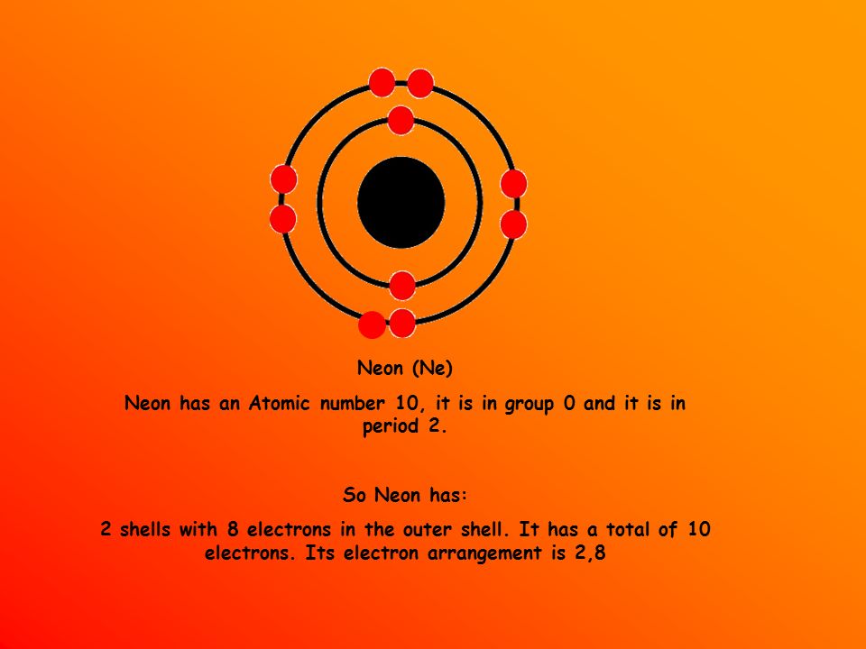 Neon (Ne) Neon has an Atomic number 10, it is in group 0 and it is in period 2.