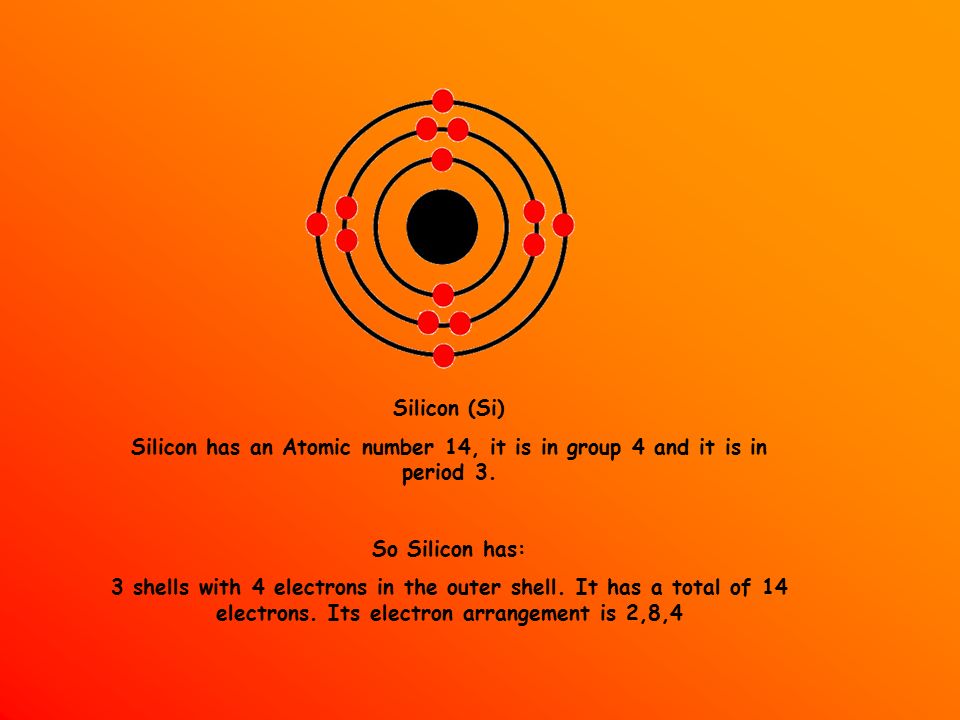 Silicon (Si) Silicon has an Atomic number 14, it is in group 4 and it is in period 3.