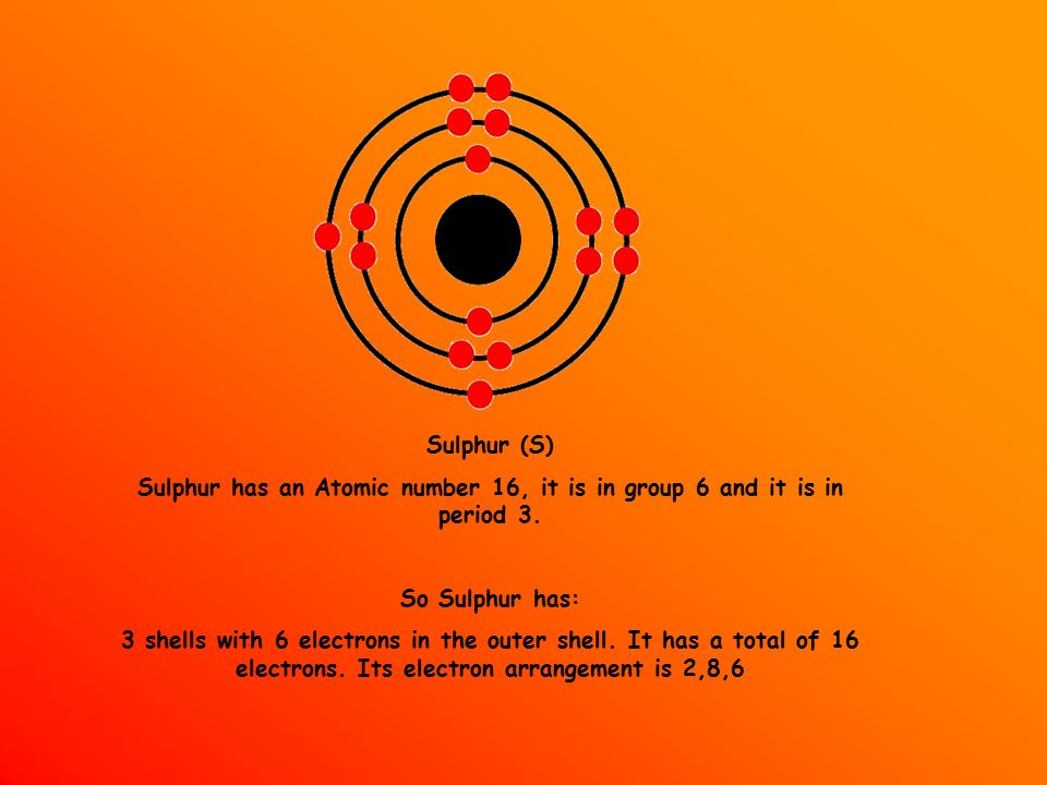 Sulphur (S) Sulphur has an Atomic number 16, it is in group 6 and it is in period 3.