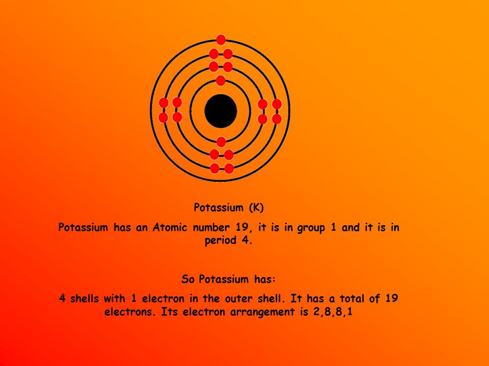 Potassium (K) Potassium has an Atomic number 19, it is in group 1 and it is in period 4.