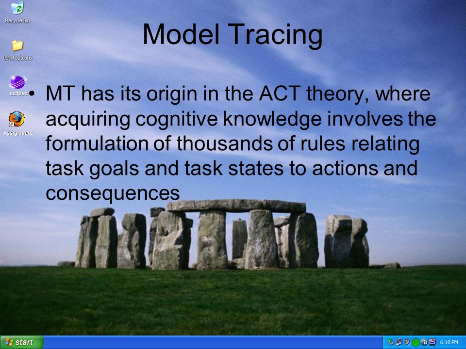 Assignment M eclipse Assignment Model Tracing MT has its origin in the ACT theory, where acquiring cognitive knowledge involves the formulation of thousands of rules relating task goals and task states to actions and consequences