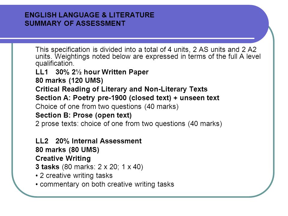 ENGLISH LANGUAGE & LITERATURE SUMMARY OF ASSESSMENT This specification is divided into a total of 4 units, 2 AS units and 2 A2 units.