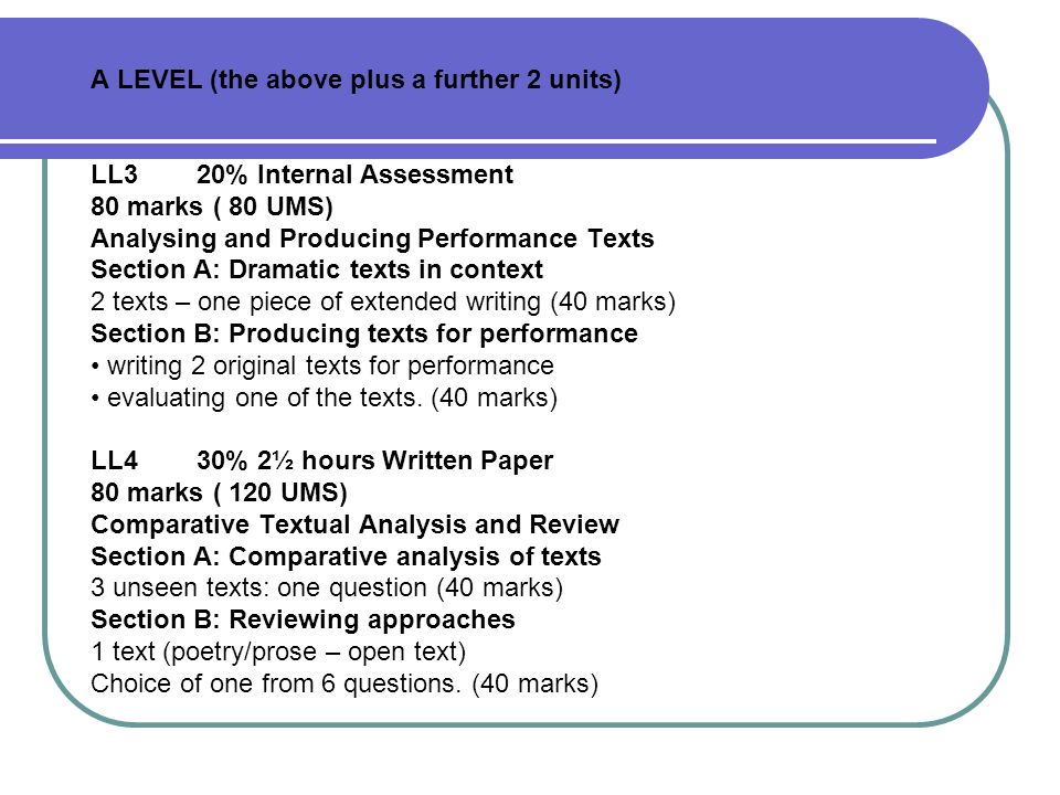 A LEVEL (the above plus a further 2 units) LL320% Internal Assessment 80 marks ( 80 UMS) Analysing and Producing Performance Texts Section A: Dramatic texts in context 2 texts – one piece of extended writing (40 marks) Section B: Producing texts for performance writing 2 original texts for performance evaluating one of the texts.