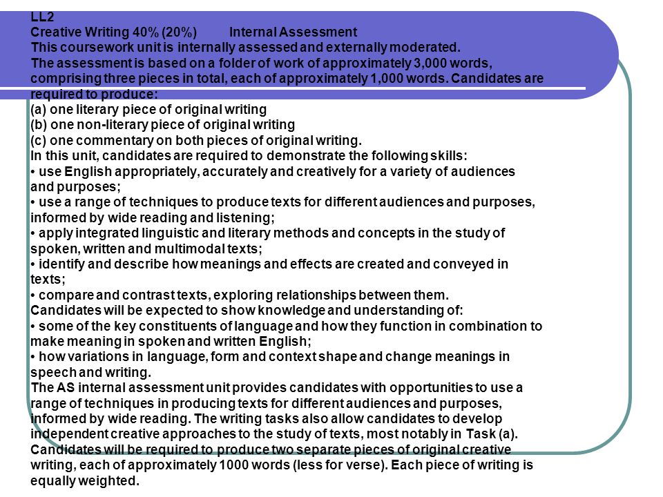 LL2 Creative Writing 40% (20%)Internal Assessment This coursework unit is internally assessed and externally moderated.
