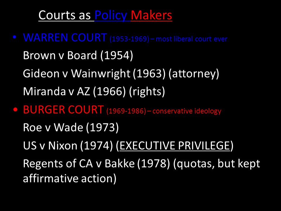 Courts as Policy Makers WARREN COURT ( ) – most liberal court ever Brown v Board (1954) Gideon v Wainwright (1963) (attorney) Miranda v AZ (1966) (rights) BURGER COURT ( ) – conservative ideology Roe v Wade (1973) US v Nixon (1974) (EXECUTIVE PRIVILEGE) Regents of CA v Bakke (1978) (quotas, but kept affirmative action)