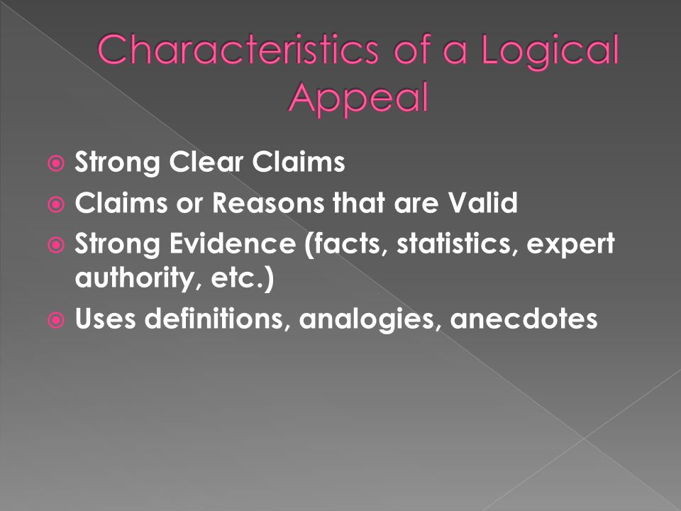  Strong Clear Claims  Claims or Reasons that are Valid  Strong Evidence (facts, statistics, expert authority, etc.)  Uses definitions, analogies, anecdotes