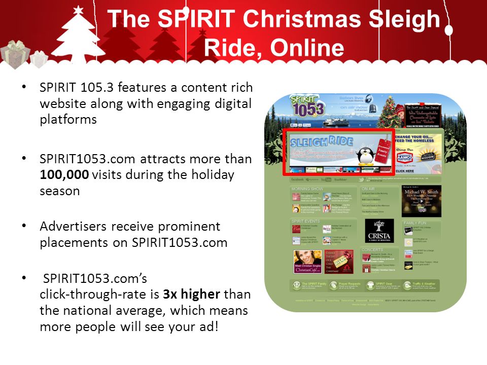 The SPIRIT Christmas Sleigh Ride, Online SPIRIT features a content rich website along with engaging digital platforms SPIRIT1053.com attracts more than 100,000 visits during the holiday season Advertisers receive prominent placements on SPIRIT1053.com SPIRIT1053.com’s click-through-rate is 3x higher than the national average, which means more people will see your ad!
