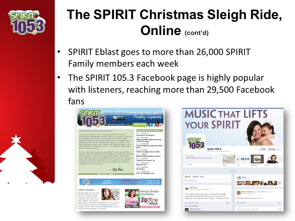 The SPIRIT Christmas Sleigh Ride, Online (cont’d) SPIRIT Eblast goes to more than 26,000 SPIRIT Family members each week The SPIRIT Facebook page is highly popular with listeners, reaching more than 29,500 Facebook fans