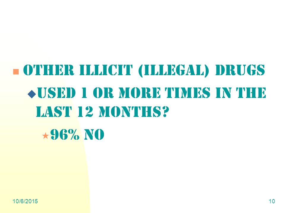 10/6/ Other illicit (illegal) drugs  Used 1 or more times in the last 12 months  96% NO