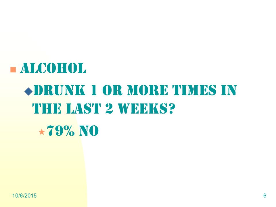 10/6/20156 Alcohol  Drunk 1 or more times in the last 2 weeks  79% NO
