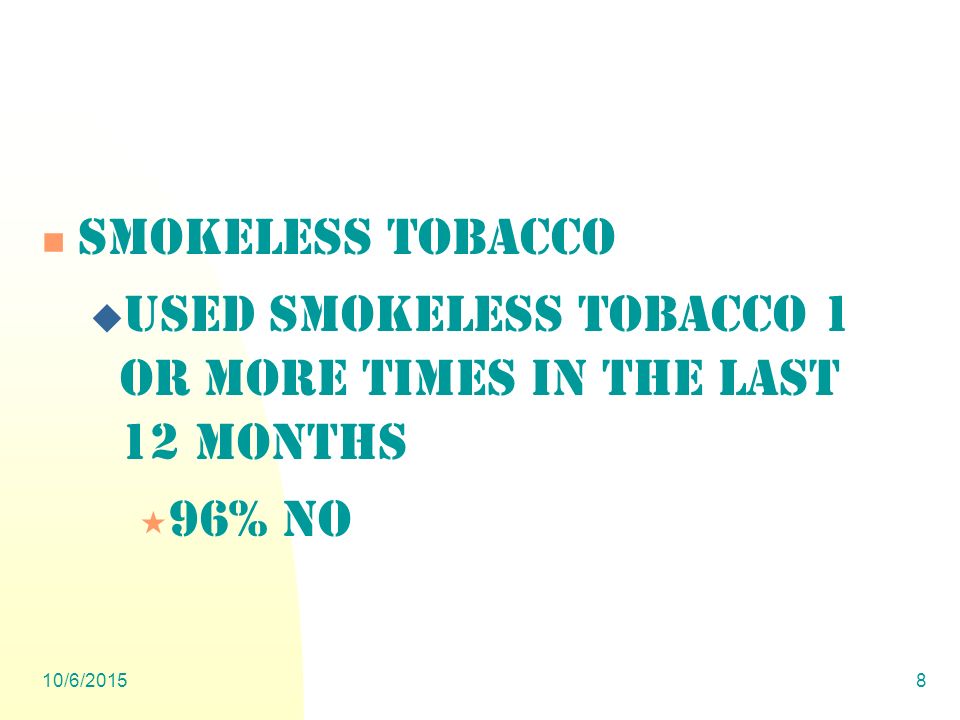 10/6/20158 Smokeless Tobacco  Used smokeless tobacco 1 or more times in the last 12 months  96% NO