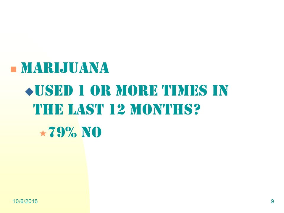 10/6/20159 Marijuana  Used 1 or more times in the last 12 months  79% NO