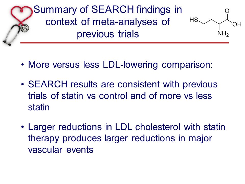 Summary of SEARCH findings in context of meta-analyses of previous trials More versus less LDL-lowering comparison: SEARCH results are consistent with previous trials of statin vs control and of more vs less statin Larger reductions in LDL cholesterol with statin therapy produces larger reductions in major vascular events