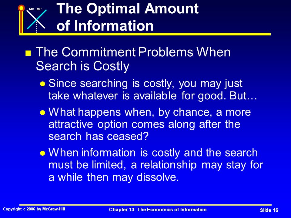 MBMC Copyright c 2006 by McGraw-Hill Chapter 13: The Economics of Information Slide 16 The Commitment Problems When Search is Costly Since searching is costly, you may just take whatever is available for good.
