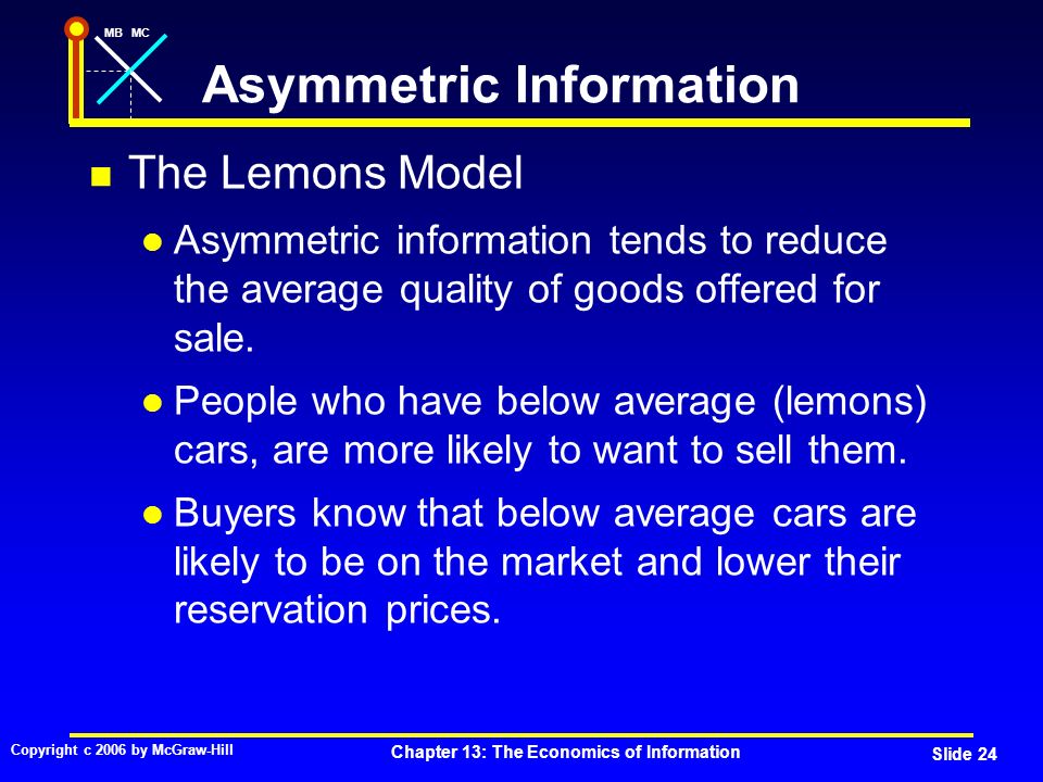 MBMC Copyright c 2006 by McGraw-Hill Chapter 13: The Economics of Information Slide 24 Asymmetric Information The Lemons Model Asymmetric information tends to reduce the average quality of goods offered for sale.