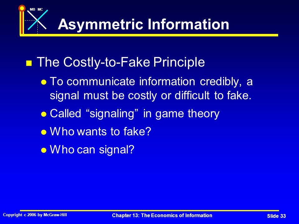 MBMC Copyright c 2006 by McGraw-Hill Chapter 13: The Economics of Information Slide 33 Asymmetric Information The Costly-to-Fake Principle To communicate information credibly, a signal must be costly or difficult to fake.