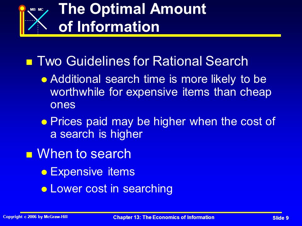 MBMC Copyright c 2006 by McGraw-Hill Chapter 13: The Economics of Information Slide 9 Two Guidelines for Rational Search Additional search time is more likely to be worthwhile for expensive items than cheap ones Prices paid may be higher when the cost of a search is higher When to search Expensive items Lower cost in searching The Optimal Amount of Information