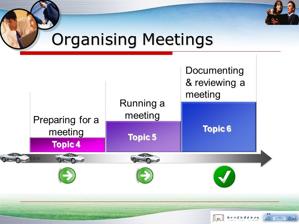 Organising Meetings >>> Identifying the need for a meeting Planning a meeting Arranging a meeting Topic 1 Topic 2 Topic 3