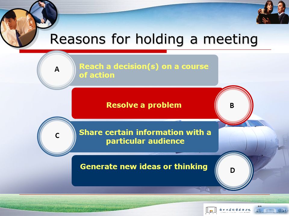 Topic 1 Identifying the need for a meeting Understanding meeting types and purposes Reasons for holding a meeting A B