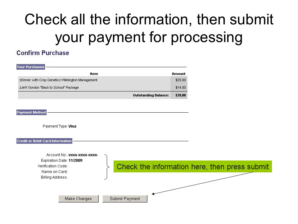 Check all the information, then submit your payment for processing Check the information here, then press submit