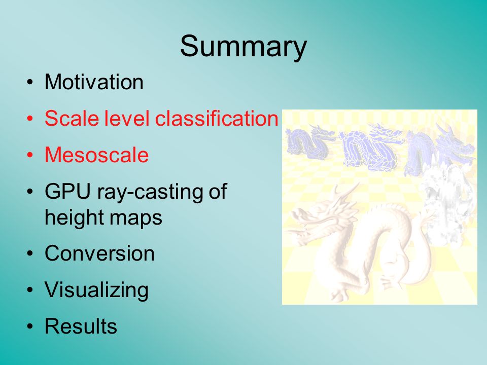 Summary Motivation Scale level classification Mesoscale GPU ray-casting of height maps Conversion Visualizing Results