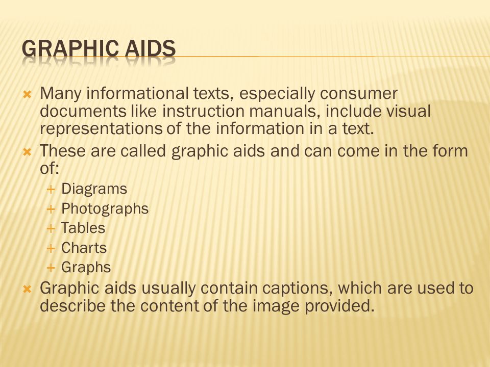  Many informational texts, especially consumer documents like instruction manuals, include visual representations of the information in a text.