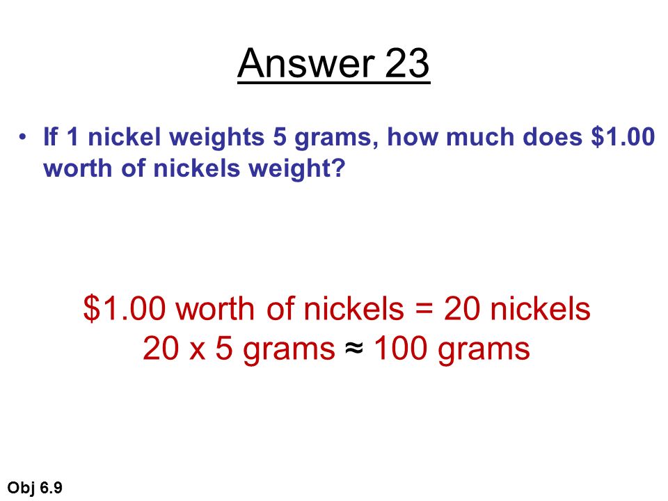 Answer 23 If 1 nickel weights 5 grams, how much does $1.00 worth of nickels weight.