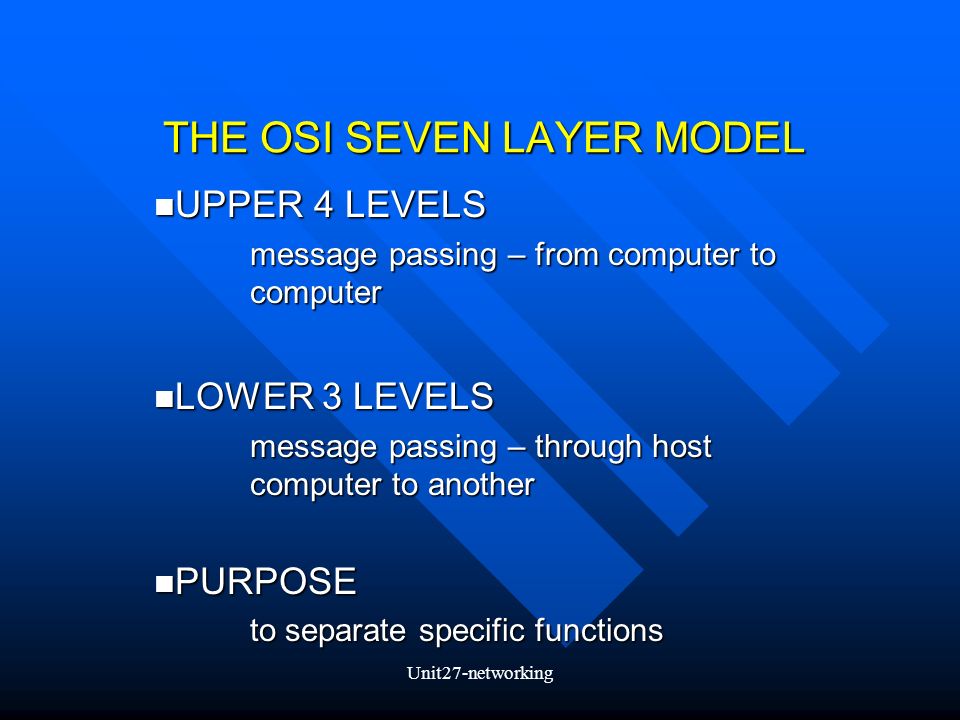 Unit27-networking THE OSI SEVEN LAYER MODEL UPPER 4 LEVELS UPPER 4 LEVELS message passing – from computer to computer LOWER 3 LEVELS LOWER 3 LEVELS message passing – through host computer to another PURPOSE PURPOSE to separate specific functions