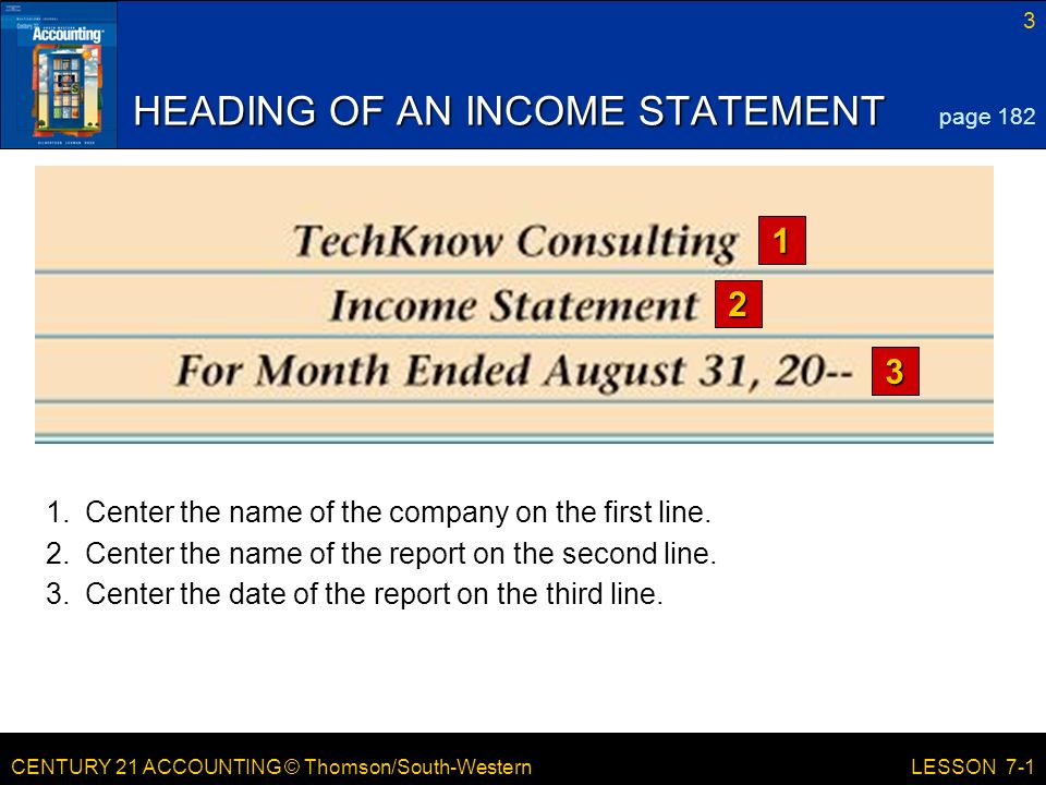 CENTURY 21 ACCOUNTING © Thomson/South-Western 3 LESSON 7-1 HEADING OF AN INCOME STATEMENT page Center the name of the company on the first line.