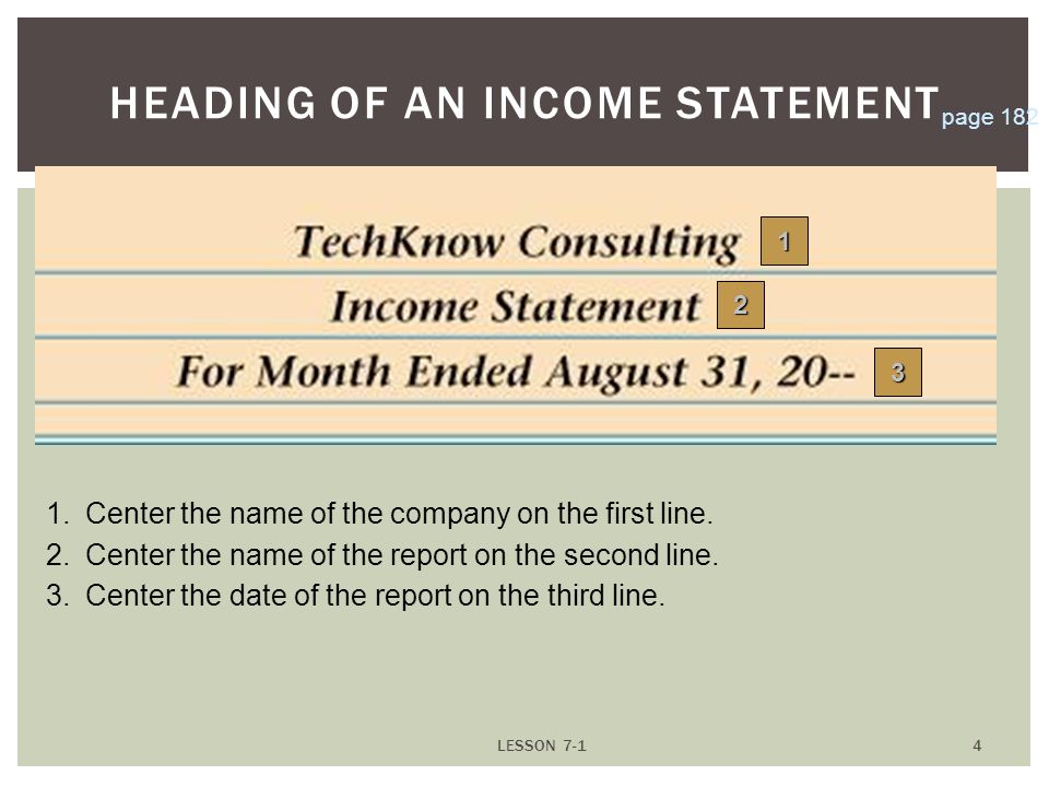 LESSON HEADING OF AN INCOME STATEMENT page Center the name of the company on the first line.