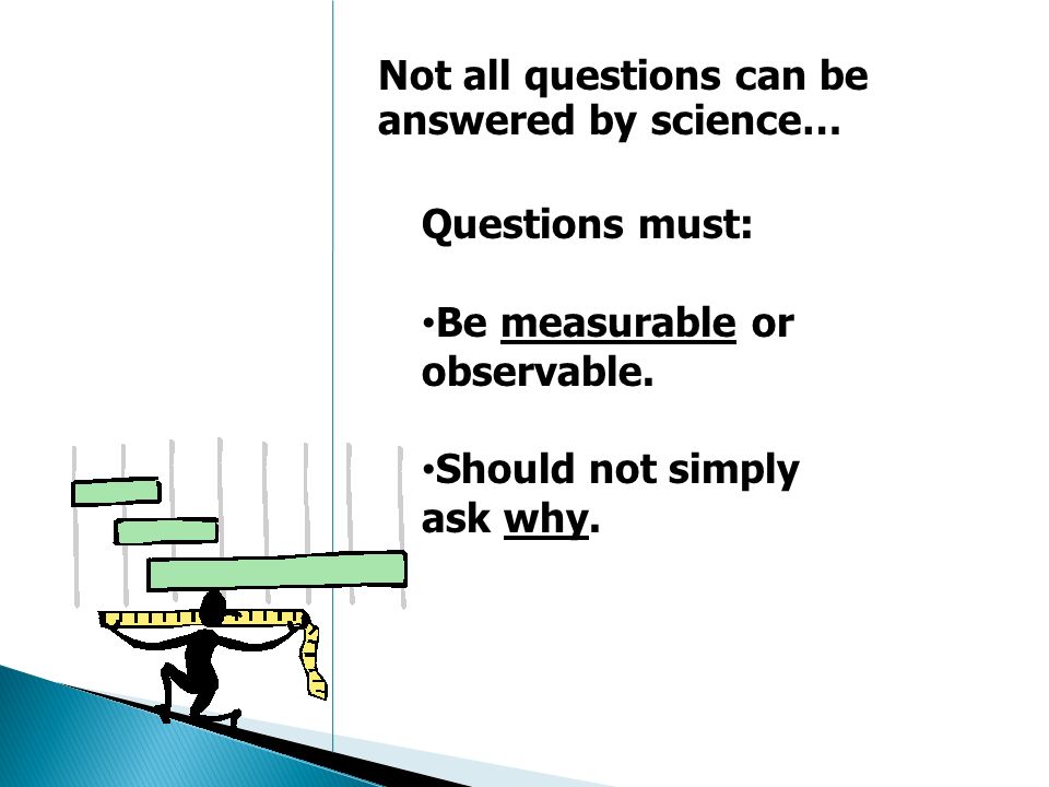 Not all questions can be answered by science… Questions must: Be measurable or observable.